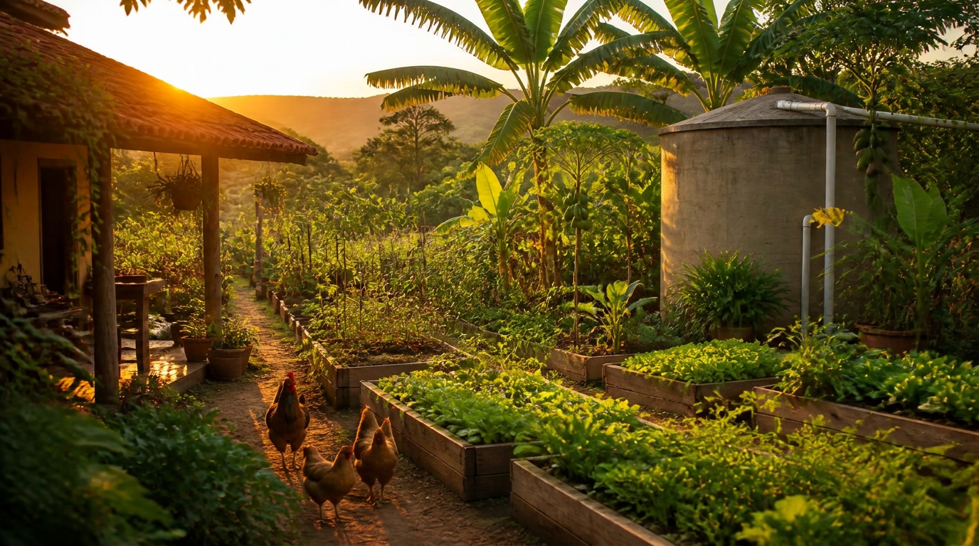 Quintal autossustentável com canteiros, cisterna e galinhas ao entardecer